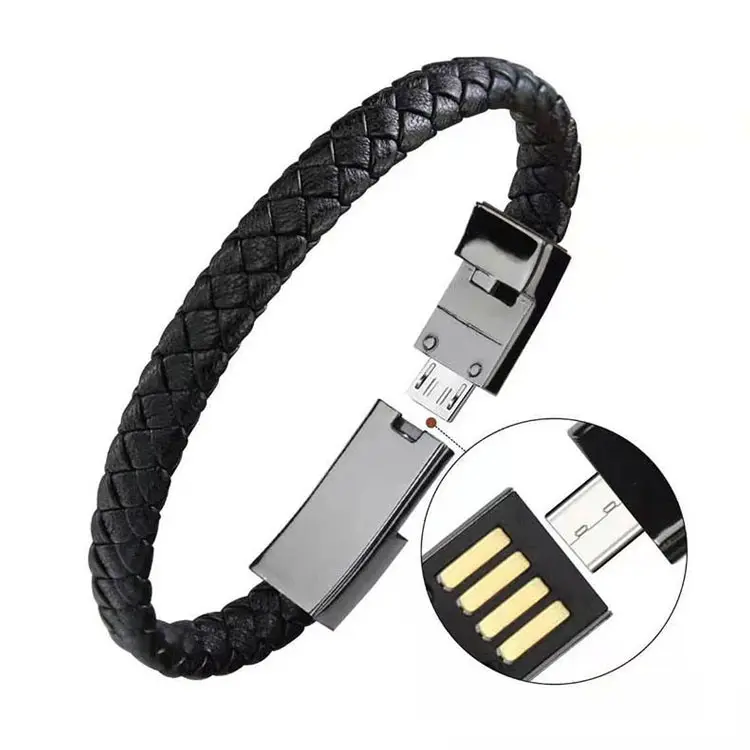 2,4 a gelang Usb kulit Pu kabel Usb pengisi daya Data 20cm untuk pengisi daya ponsel