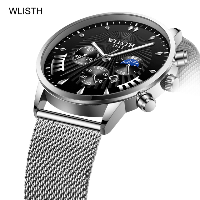 Men's Luxury Wristwatch WLISTH 1853, Sunburst Dial with Roman Numerals, Date & Moon Phase, 3 Color Options