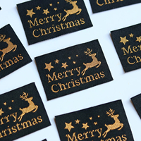 Étiquette tissée personnalisée en or avec motif de renne de Noël, étiquette de vêtement de Noël noire et dorée pour manteaux