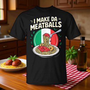 Camiseta con diseño de comida italiana y la frase 'I Make Da Meatballs' - Product Image 3