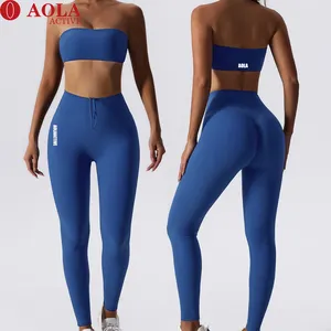 AOLA Tight Yoga Clothes Set Women Sexy Sports Boob Tube Top Training Gym Fitness Seamless Leggings Clothes