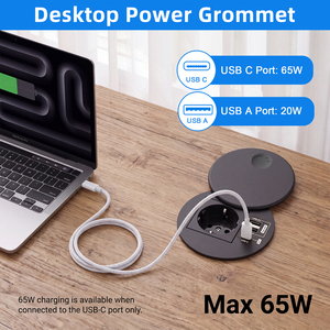 เต้ารับแบบฝังโต๊ะทรงกลม EU Schuko ขนาด 80 มม. พร้อมพอร์ต USB-C PD 65W และพอร์ต USB-A 2 พอร์ต พร้อมฝาครอบกันฝุ่น สำหรับใช้ในบ้าน สำนักงาน ข้างเตียง โต๊ะทำงานแบบยืน  OEM - Product Image 2