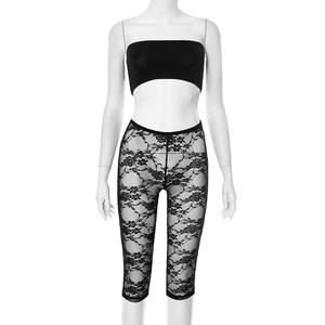 Conjuntos de 2 piezas de malla para mujer, Top de <span class=keywords><strong>tupe</strong></span> sin tirantes de encaje sexy y pantalones cortos ajustados, conjunto transparente de dos piezas, atuendo de Club - Product Image 5