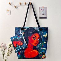 Sac fourre-tout décontracté noir pour femmes en stock avec pochette fermeture à glissière imperméable à l'impression de dessins animés africains pour femmes