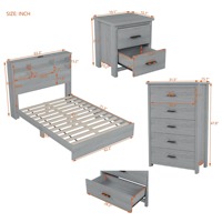 Design élégant Vintage gris clair 4 pièces ensemble de chambre à coucher Queen Size avec 2 tables de chevet 1 cadre de lit de commode finition de haute qualité durable