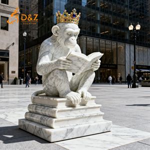 D & Z Art Group conçoit et personnalise une grande statue de singe en marbre blanc pour s'asseoir et lire pour la décoration extérieure - Product Image 4