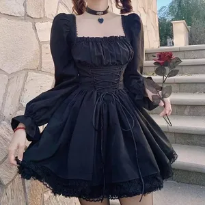 Lolita-vestido gótico de manga larga para mujer, vestido negro de manga larga, cintura alta, Vintage, de encaje, para fiesta