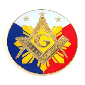 Round Shape Masonic logo Manufacturer soft enamel Gold planted 3D Cut Out Metal Car Emblem