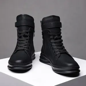 Martin botas masculinas estilo britânico, respirável, alto, couro genuíno, preto, tudo-jogo, botas de corte médio para homens