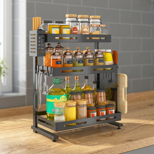 Double Tier Sliding Under Sink Storage <b>Rack</b> Eco-Friendly Folding Kitchen Cabinet Organizer with <b>Plastic</b> Shelves - Product Image 2