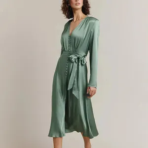हाई कमर साटन सिल्क ड्रेस लंबी आस्तीन वाली महिलाओं की शाम की पोशाक बॉडीकॉन साटन फिश कट स्लिप सिल्क साटन ड्रेस बो टाई के साथ