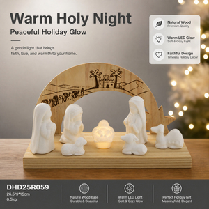 Ensemble <span class=keywords><strong>de</strong></span> crèche en céramique faite à la main avec arche en bois, mangeoire LED, Sainte Famille, chameau, mouton, bœuf, décoration <span class=keywords><strong>de</strong></span> table <span class=keywords><strong>de</strong></span> Noël en gros - Product Image 1