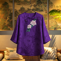 Nouvelle Blouse Chinoise en Satin Lourd Xiangyunsha avec Broderie Florale Française Faite à la Main et Boutons – Haut Rétro Élégant pour Femme