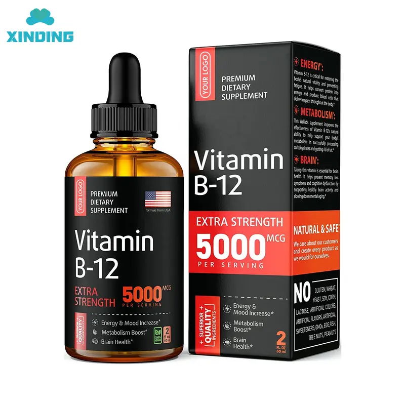 Gouttes de vitamine B12 de marque privée Vitamina B12 Gouttes de vitamine B12 liquide anti-fatigue biologique sublinguale Santé Vegan Healthcare