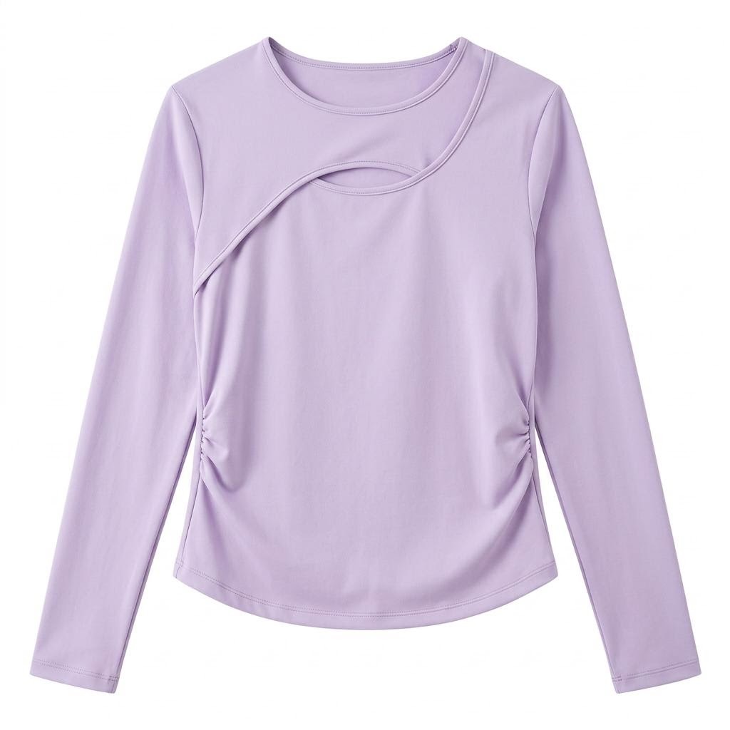 Women's long-sleeved sporty top with openwork design, side pleated slim-fit casual yoga top, customizable