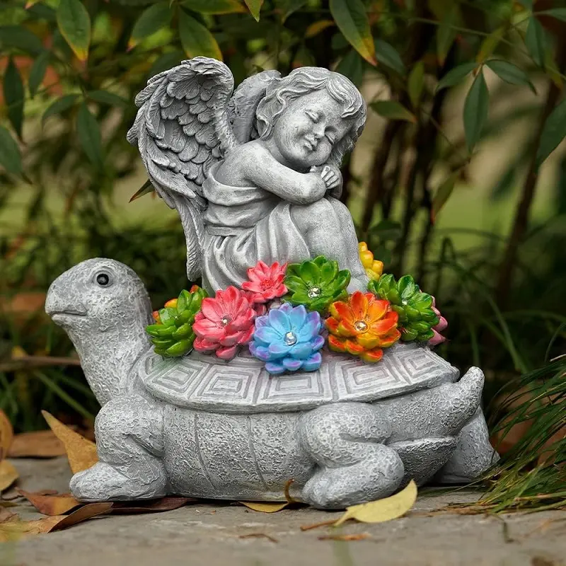 Estatuillas de resina de tortuga y Ángel, esculturas al aire libre, estatuas solares de jardín para decoraciones de patio y césped