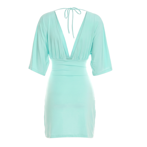 Viviblook C26DS218 Vestidos de Verano para Mujer, Nuevo Vestido Ajustado de Color Sólido con Cuello en V y Pliegues para Damas - Product Image 6