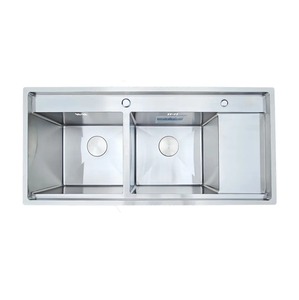 Fregadero comercial de acero inoxidable hecho a mano con dos orificios y doble cubeta, para empotrar bajo encimera, con escurridor, para cocinas de restaurantes, Vietnam - Product Image 1