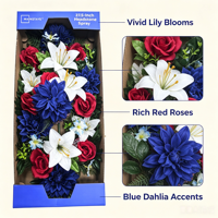 Arrangement floral artificiel pour cimetière, rose rouge, lys blanc, dahlias bleus, décoration commémorative pour tombes aux cimetières américains