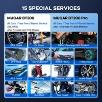 Escáner de Diagnóstico OBD2 MUCAR BT200, Diagnóstico Completo del Sistema, Reinicio de Aceite y SAS 15, Compatible con Autos Universales, Android e iOS, 12 Meses