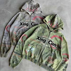 커스텀 빈티지 플로럴 스트릿웨어 헤비 웨이트 집업 재킷 DTG 프린트 지퍼 프렌치 테리 코믹스 애시드 워싱 디스트레스드 후드티 - Product Image 3