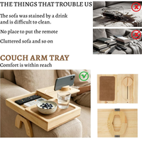 Plateau de canapé en bois, table d'accoudoir de canapé avec porte-gobelet et support pour tablette, organiseur pliable pour boissons, télécommande et collations