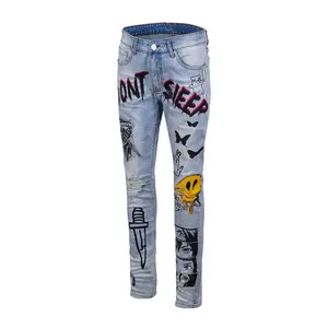 Calça jeans masculina clássica artesanal, fashion barata vintage de alta qualidade com estampa