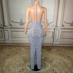 <span class=keywords><strong>Abito</strong></span> Halter Blu Lussuoso e Sexy con Diamanti, Vestito da Sera Scintillante per Eventi Mondani - Product Image 4