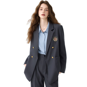 Women's Suit Set Double Breasted Blazer With Emblem Pants Elegant Business Leisure Wear Anti-Wrinkle Worsted Fabric Full Sleeve - Product Image 4