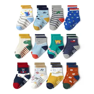 Jingwen 12 pairs one set cute kids tube cotton socks knitted grip children soft cartoon anti slip baby socks