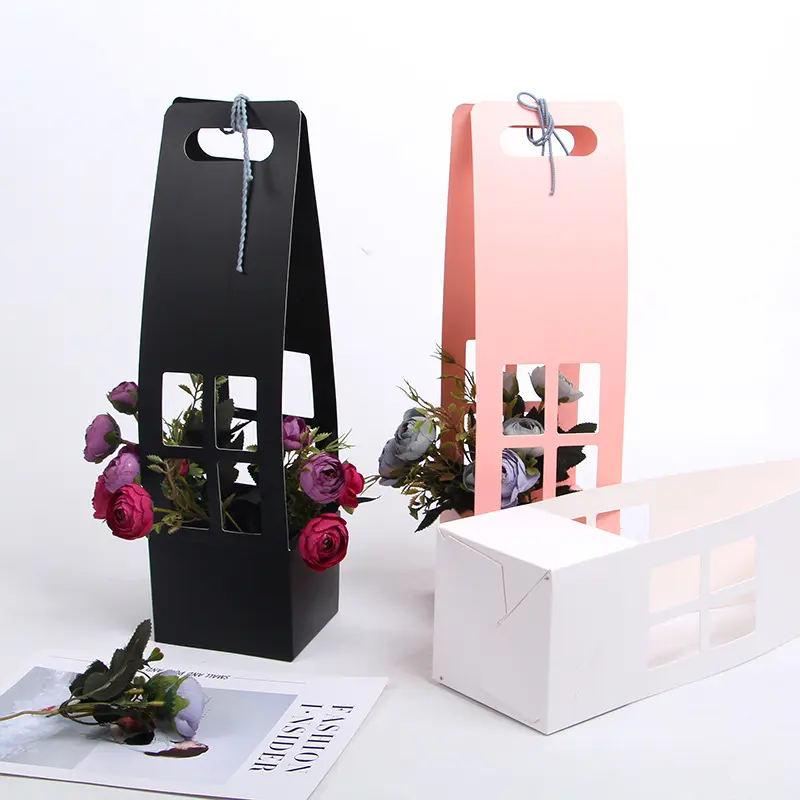 Pembukaan Jendela Kotak Bunga Lipat Portabel Tas Buket Karton Berongga Tahan Air untuk Hari Ibu