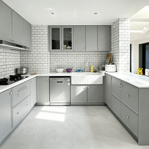 Custom Modular L-Shape Matte Blue Shaker Eco-Friendly <strong>Kitchen</strong> Cabinet Glass Wall Cabinet White Farmhouse <strong>Apron</strong> Sink <strong>Kitchen</strong> - Product Image 3