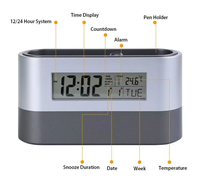 Jam Alarm Digital Tenang dengan Logo Kustom, Tempat Pulpen, Kalender, Suhu, Bertenaga Baterai Elektronik untuk Kantor dan Sekolah