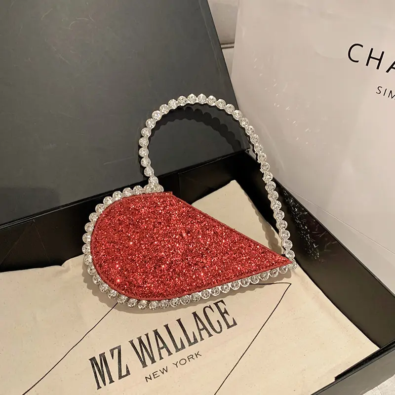 Tas tangan merek berlian bentuk hati cinta tas Clutch dompet malam Bling kristal dompet berlian imitasi untuk wanita