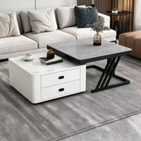 Juego de Mesa de Centro Retráctil Moderna y Lujosa, Soporte para TV, Mesas Nido de Piedra Sinterizada con Vidrio Tintado, 2 Cajones, Base de Metal, Estilo Italiano