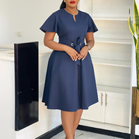 Robe de bureau tendance pour femme, coupe évasée, col en V, taille haute, manches courtes à volants, ceinture africaine, style professionnel