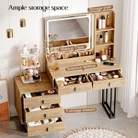 Grande coiffeuse moderne en bois de chêne avec miroir tactile à intensité variable, station de charge, 5 tiroirs coulissants et étagères de rangement