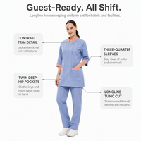 Seragam Housekeeping Wanita, Set Tunik Petugas Hotel/Pelayan Kamar, Lengan 3/4, Trim Kontras, Pakaian Kerja Staf Kebersihan, Logo Custom