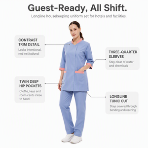 Set Uniforme per Personale di Pulizia, Tunica per Cameriere di Hotel, Manica 3/4 con Finiture <span class=keywords><strong>a</strong></span> Contrasto, Abbigliamento da Lavoro per Addetti alle Pulizie, Logo Personalizzabile - Product Image 5