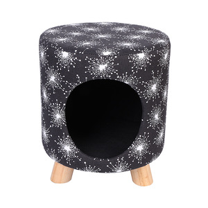 Cat <b>Bed</b> <b>Stool</b> Round Black Graphic Pattern 30x33cm Wood Legs Pet Furniture For Cat - Product Image 1