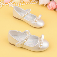Chaussures plates Mary Jane pour filles, en PU perlé champagne, avec nœud et bride perlée, idéales pour cérémonies de mariage et robes de princesse - Vente en gros usine