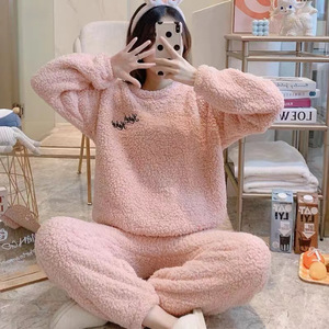 Autumn Winter Pajamas Women's Solid Color Lamb <strong>Wool</strong> Two-Piece Set Warm Ladies' Loungewear - Product Image 5
