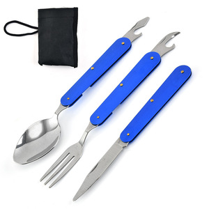 Práctico juego de cubiertos de viaje, cuchillo y tenedor de acero inoxidable, cubiertos de estilo occidental para camping y picnic, plegables de tres piezas. - Product Image 2