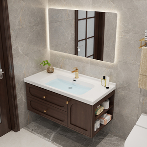 Meuble-lavabo de salle de bain moderne à usage commercial, panneau mélaminé, base en PVC imperméable, entretien facile, lavabo incurvé, miroir LED intelligent anti-buée - Product Image 3