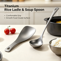 TA1 Louche à riz et cuillère à soupe en titane pur, manche martelé, trou de suspension, ustensile de cuisine léger pour la maison et le camping