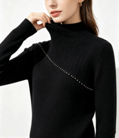 Pull en maille pour femme, col montant, chaud pour l'hiver, avec perles diagonales et design à empiècements, coupe ajustée