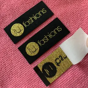 laser cut metallic gold thread iron on woven label,strongly glue heat press clothing label for garment