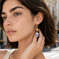 Anting-anting liontin bunga etnik vintage keramik untuk wanita, berlapis emas 18K PVD, baja tahan karat, anti air, perhiasan hadiah pesta
