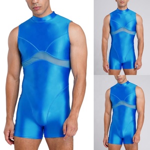Mens One Piece Swimsuit Sleeveless Short Legs Unitard Bathing <b>Suit</b> Back Zipper Mesh Panel Swimwear Custom - Product Image 2