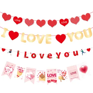 Оптовая продажа, подвесное украшение на День святого Валентина, бумажный орнамент для комнаты влюбленных, двусторонняя печать, баннер с красным сердцем i love you